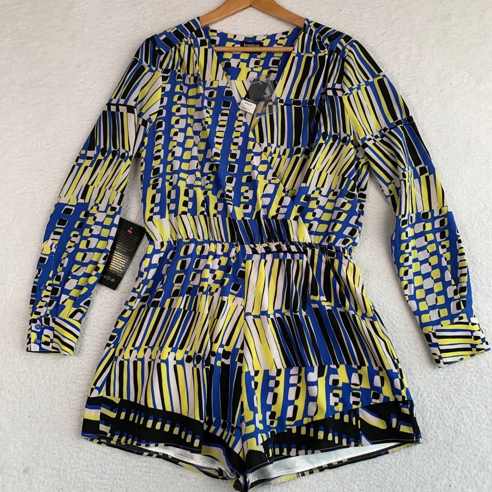 Bebe Geometric Surplice Front Day Romper Womens L Lined Abstract $129 NWT!